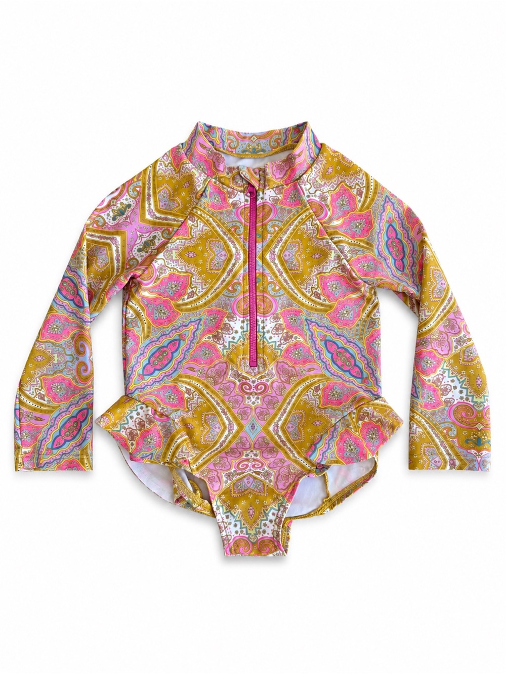 Jessica Simpson Girls 2T One Piece Rash Guard Swimsuit Pink Paisley Long Sleeve